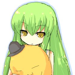 Rule 34 | 00s, 1girl, :3, black hat, c.c., cheese-kun, closed eyes, closed mouth, code geass, creature, green hair, hat, long hair, lowres, melone, mini hat, oekaki, pizza hut, simple background, solo, upper body, very long hair, white background, yellow eyes, yuzuki (yuduame)