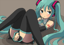 Rule 34 | 1girl, :&lt;, aqua eyes, aqua hair, blush, covering privates, covering crotch, detached sleeves, frown, hatsune miku, headset, jitome, kadomaki shinnosuke, long hair, looking away, lying, necktie, on back, simple background, skirt, solo, thighhighs, twintails, very long hair, vocaloid