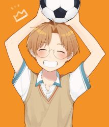 Rule 34 | 1boy, arms up, ball, closed eyes, facing viewer, glasses, holding, holding ball, jinnai enta, karushiumu shougyo, light brown hair, male focus, orange background, sarazanmai, short sleeves, simple background, smile, soccer ball, solo, sweater vest, upper body
