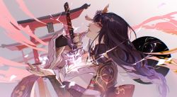 Rule 34 | 1girl, artist name, black hair, braid, breasts, cleavage, closed mouth, fingerless gloves, fingernails, floating hair, genshin impact, gloves, hair ornament, highres, holding, holding sword, holding weapon, human scabbard, japanese clothes, katana, large breasts, lightning, long hair, looking at viewer, low-braided long hair, low-tied long hair, mitsudomoe (shape), mole, mole under eye, nail polish, oastlv, purple eyes, purple nails, raiden shogun, serious, shrine, solo, standing, sword, tomoe (symbol), weapon, wide sleeves