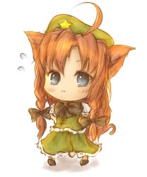 1girl :&lt; ahoge amano_jack animal_ears bad_id bad_pixiv_id blue_eyes braid cat_ears cat_girl cat_tail chibi female_focus full_body hat hong_meiling kemonomimi_mode orange_hair skirt solo tail touhou transparent_background twin_braids