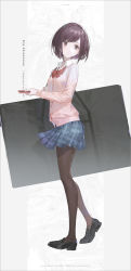 Rule 34 | 1girl, absurdres, bag, black footwear, blue skirt, bow, bowtie, braid, brown eyes, brown hair, brown pantyhose, canvas (object), cardigan, cellphone, commentary, contrapposto, full body, highres, holding, holding bag, holding phone, kamiyama high school uniform (project sekai), loafers, long sleeves, looking to the side, pantyhose, parted lips, phone, plaid, plaid skirt, pleated skirt, project sekai, red bow, red bowtie, reoen, school uniform, shinonome ena, shoes, short hair, skirt, smartphone, solo, yellow cardigan
