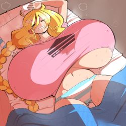 Rule 34 | 1girl, bed, blonde hair, breasts, cassie (theycallhimcake), closed eyes, covered erect nipples, dullahan, gigantic breasts, gluteal fold, highres, long hair, original, panties, saliva, sleeping, solo, steam, striped clothes, striped panties, sweat, taut clothes, theycallhimcake, underboob, underwear