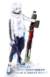 Rule 34 | 1boy, apex legends, assault rifle, black pants, blue eyes, blue hair, bonchi (katsuottk2), character name, gun, hair behind ear, happy birthday, highres, holding, holding gun, holding weapon, kraber, male focus, multicolored hair, pants, r-301 carbine, reignite, rifle, shoes, sneakers, sniper rifle, solo, streaked hair, sweatpants, tempplex, thai commentary, tongue, tongue out, weapon, white background, white hair