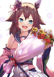 Rule 34 | 1girl, bare shoulders, blue eyes, bouquet, chrysanthemum, commission, detached collar, fingerless gloves, flower, gloves, hair between eyes, hair flower, hair ornament, heart, highres, holding, horse girl, looking at viewer, off shoulder, open mouth, petals, pink sleeves, ribbon, rose, sakura chiyono o (umamusume), simple background, skeb commission, solo, teeth, tks (526tks), umamusume, upper body, upper teeth only, white background, wide sleeves