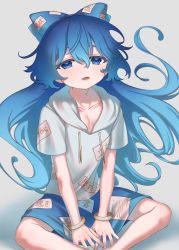 Rule 34 | 1girl, absurdres, bangle, blue bow, blue eyes, blue hair, blue skirt, blush, bow, bracelet, collarbone, commentary request, dark blue hair, debt, e sdss, flat chest, gradient hair, grey background, grey hoodie, hair between eyes, hair bow, highres, hood, hoodie, jewelry, long hair, looking at viewer, lower teeth only, multicolored hair, open mouth, short sleeves, sidelocks, simple background, sitting, skirt, solo, teeth, tongue, touhou, very long hair, yorigami shion