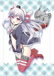 Rule 34 | 10s, 1girl, amatsukaze (kancolle), black panties, blush, choker, garter straps, hair tubes, kantai collection, long hair, open mouth, orange eyes, panties, pikazo, red thighhighs, sailor collar, side-tie panties, silver hair, solo, thighhighs, two side up, unbuttoned, underwear, v arms
