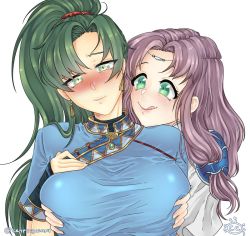 Rule 34 | 2girls, blush, grabbing another&#039;s breast, breasts, cryptid crab, earrings, fire emblem, fire emblem: the blazing blade, florina (fire emblem), gloves, grabbing, grabbing from behind, green eyes, green hair, hand on own chest, jewelry, large breasts, licking lips, lyn (fire emblem), multiple girls, nintendo, ponytail, purple hair, tongue, tongue out, wide eyes, yuri