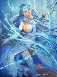 Rule 34 | 1girl, azura (fire emblem), blue hair, breasts, brown eyes, commentary request, company connection, copyright name, dress, elbow gloves, fingerless gloves, fire emblem, fire emblem cipher, fire emblem fates, gloves, hair between eyes, holding, holding weapon, homare (fool&#039;s art), jewelry, lips, long hair, medium breasts, necklace, nintendo, official art, open mouth, polearm, purple lips, solo, spear, veil, weapon, white dress