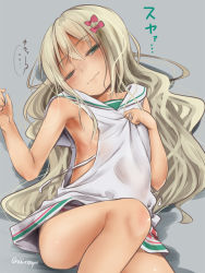 Rule 34 | 1girl, akino shuu, blonde hair, blush, bow, closed mouth, dress, grecale (kancolle), green eyes, grey background, hair between eyes, hair bow, jewelry, kantai collection, long hair, one eye closed, pink bow, ring, sailor collar, sailor dress, simple background, sleeveless, sleeveless dress, solo, twitter username, wedding band, white dress, white sailor collar