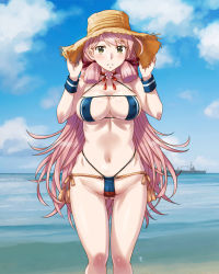 Rule 34 | 1girl, akashi (kancolle), bikini, blue bikini, blush, breasts, cameltoe, cleavage, cloud, collarbone, covered erect nipples, day, gluteal fold, green eyes, groin, hands on headwear, hat, historical name connection, kantai collection, large breasts, long hair, looking at viewer, name connection, navel, outdoors, parted lips, pink hair, pussy, sameha ikuya, ship, sky, solo, standing, straw hat, sweatband, swimsuit, very long hair, water, watercraft