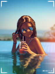 Rule 34 | 1girl, a.x., battery indicator, bikini, blurry, blurry background, brown hair, closed mouth, cup, dated, drinking straw, evening, holding, holding cup, lake, long hair, original, outdoors, partially submerged, round eyewear, smile, solo, sunglasses, swimsuit, viewfinder, water, white bikini