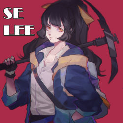 Rule 34 | 1girl, black gloves, black hair, blue jacket, bow, brown eyes, chinese commentary, closed mouth, collared shirt, ez 1011, fingerless gloves, gloves, hair bow, hand in pocket, holding, jacket, looking at viewer, open clothes, open jacket, orange bow, original, pickaxe, ponytail, red background, shirt, simple background, solo, upper body, white shirt, wing collar