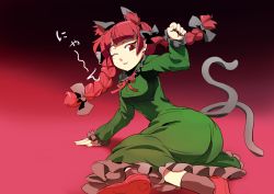 Rule 34 | 1girl, animal ears, ass, bow, braid, breasts, cat ears, cat tail, dress, extra ears, green dress, hair bow, highres, kaenbyou rin, long sleeves, looking at viewer, md5 mismatch, multiple tails, nekomata, one eye closed, paw pose, red eyes, red hair, resolution mismatch, sinzan, smile, solo, source smaller, tail, touhou, translated, twin braids