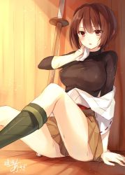 Rule 34 | 1girl, breasts, brown eyes, brown hair, hyuuga (kancolle), japanese clothes, kantai collection, large breasts, looking at viewer, one-hour drawing challenge, partially undressed, pleated skirt, shinai, short hair, signature, skirt, solo, sweat, sword, toosaka asagi, weapon, wiping sweat
