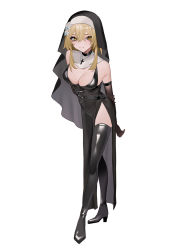 Rule 34 | 1girl, :t, alternate costume, arm behind back, bebe (bebe pp), belt, black choker, black veil, blonde hair, boots, breasts, choker, cleavage, clothes lift, cross, cross necklace, dress, flower, full body, genshin impact, habit, hair between eyes, hair flower, hair ornament, highres, holding own arm, jewelry, latin cross, leaning forward, lumine (genshin impact), medium breasts, medium hair, multiple views, necklace, nun, o-ring, o-ring belt, side slit, simple background, thigh boots, thighhighs, veil, white background, yellow eyes