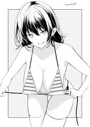 Rule 34 | 1girl, bikini, blush, breasts, cleavage, clenched teeth, collarbone, greyscale, kichihachi, large breasts, looking at viewer, monochrome, original, short hair, smile, solo, striped bikini, striped clothes, swimsuit, teeth, thighhighs, thighs, twitter username