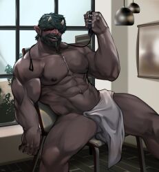 Rule 34 | 1boy, abs, absurdres, bara, beard, black hair, dark-skinned male, dark skin, facial hair, hair over eyes, highres, horns, large pectorals, male focus, muscular, muscular male, naked towel, navel, nipples, oni horns, open mouth, original, pectorals, pointy ears, rjay (rjay owo), short hair, smile, solo, thick thighs, thighs, towel