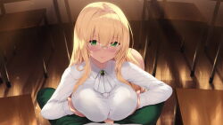 Rule 34 | 1boy, 1girl, ascot, blonde hair, blush, breasts, cait aron, classroom, closed mouth, commentary request, desk, glasses, green eyes, hair between eyes, hetero, highres, large breasts, long hair, long sleeves, paizuri, paizuri under clothes, pov, pov crotch, school desk, see-through, see-through shirt, shirt, smile, tearju lunatique, to love-ru, to love-ru darkness, white ascot, white shirt