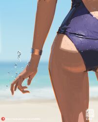 Rule 34 | 1girl, arm at side, ass, ass focus, beach, bracelet, commentary request, day, from behind, highres, jewelry, kan liu (666k), ocean, one-piece swimsuit, original, outdoors, patreon username, purple one-piece swimsuit, sand, seal impression, signature, sky, solo, standing, swimsuit, thigh gap, water, water drop, waves, wet