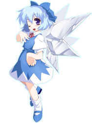 Rule 34 | 1girl, blue eyes, blue hair, bow, cirno, female focus, full body, hair bow, hand on own hip, hip focus, mary janes, matching hair/eyes, shoes, short hair, solo, embodiment of scarlet devil, touhou, white background, wings, wink, yamano sachi