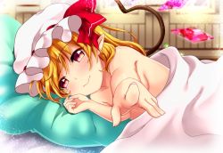 Rule 34 | 1girl, bed sheet, blonde hair, blush, flandre scarlet, foreshortening, hat, hat ribbon, lying, mob cap, naked sheet, on bed, on side, pillow, pointing, pointy ears, pov across bed, red eyes, red ribbon, ribbon, rimu (kingyo origin), smile, solo, touhou, under covers, wings
