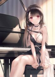 Rule 34 | 1girl, absurdres, arm support, black dress, black hair, blush, breasts, cleavage, closed mouth, collarbone, commentary request, curtains, dress, feet out of frame, grand piano, highres, instrument, long hair, medium breasts, misaki kurehito, original, piano, piano bench, red eyes, second-party source, sitting, smile, solo, thighs, two-tone dress, white dress