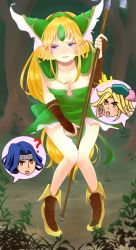 Rule 34 | 1girl, 2boys, ?, absurdres, armor, between legs, blonde hair, blue eyes, blue hair, blue headwear, blush, boots, breasts, character request, collarbone, crystal, dress, embarrassed, forehead jewel, forest, full body, grass, green dress, half-closed eyes, hand between legs, hand up, hat, have to pee, headband, highres, holding, holding staff, knees together feet apart, leaning forward, long hair, looking away, looking to the side, medium breasts, mojira, multiple boys, nature, open mouth, outdoors, pigeon-toed, pointy ears, riesz, see-through, seiken densetsu, seiken densetsu 3, short dress, shoulder armor, shoulder pads, solo focus, speech bubble, staff, standing, sweat, tears, teeth, tree, very long hair, yellow eyes, yellow footwear