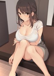 Rule 34 | 1girl, arm under breasts, bare legs, blush, bra, bra visible through clothes, breasts, brown eyes, brown hair, cleavage, closed mouth, collarbone, commentary request, earrings, feet out of frame, grey skirt, highres, icomochi, indoors, jewelry, large breasts, long hair, looking at viewer, miniskirt, mole, mole under eye, on floor, original, pencil skirt, see-through, shirt, shirt tucked in, short sleeves, sitting, skirt, smile, solo, swept bangs, underwear, very long hair, white bra, white shirt, wooden floor