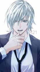 Rule 34 | 1boy, black skirt, formal, grey eyes, grey hair, highres, long hair, looking at viewer, m-21 (noblesse), noblesse, open mouth, shirt, skirt, solo, suit, white background, white shirt