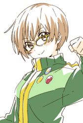 Rule 34 | 1girl, arm up, badge, brown eyes, brown hair, button badge, clenched hand, close-up, closed mouth, fist pump, glasses, green jacket, highres, jacket, long sleeves, looking at viewer, namori, persona, persona 4, satonaka chie, short hair, simple background, smile, solo, track jacket, upper body, white background, yellow stripe