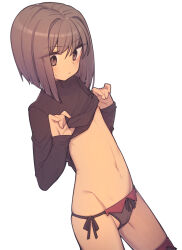 Rule 34 | 1girl, black panties, black sweater, blush, bow, bow panties, brown eyes, brown hair, closed mouth, clothes lift, commentary, cowboy shot, crotch seam, dutch angle, everyntrge, flat chest, groin, hair between eyes, highres, lifted by self, long sleeves, navel, nipples, no pants, original, panties, short hair, simple background, solo, standing, string panties, sweatdrop, sweater, sweater lift, turtleneck, turtleneck sweater, underwear, white background