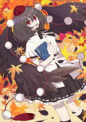 Rule 34 | 1girl, absurdres, autumn leaves, black hair, black ribbon, black skirt, black socks, black wings, book, breasts, buttons, dutch angle, feathered wings, feet out of frame, frilled skirt, frills, hat, highres, holding, holding book, kneehighs, leaf, leaf background, looking at viewer, neck ribbon, open mouth, orange background, pom pom (clothes), puffy short sleeves, puffy sleeves, red eyes, red hat, ribbon, ribbon-trimmed shirt, ribbon-trimmed skirt, ribbon trim, shameimaru aya, shirt, shocho (shaojiujiu), short sleeves, skirt, small breasts, smile, socks, solo, tokin hat, touhou, white shirt, wings