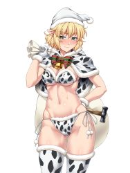 Rule 34 | 1girl, absurdres, animal print, bag, bell, blonde hair, blush, bow, breasts, cameltoe, christmas, cleavage, closed mouth, collarbone, cow print, cowbell, fur-trimmed gloves, fur-trimmed headwear, fur-trimmed legwear, fur trim, gloves, green eyes, hammer, highres, mizuhashi parsee, navel, ootsuki wataru, panties, pointy ears, pom pom (clothes), shiny skin, short hair, solo, standing, stomach, string panties, striped, striped bow, sweatdrop, thighhighs, thighs, touhou, transparent background, underwear, white gloves, white headwear