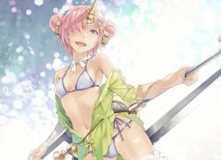 Rule 34 | 1girl, :d, bandages, bikini, blue bikini, blue eyes, blue ribbon, breasts, choker, cleavage, collarbone, contrapposto, double bun, fate/grand order, fate (series), frankenstein&#039;s monster (fate), frankenstein&#039;s monster (swimsuit saber) (fate), frankenstein&#039;s monster (swimsuit saber) (first ascension) (fate), green jacket, hair bun, hair over one eye, head tilt, holding, horns, jacket, long sleeves, looking at viewer, open clothes, open jacket, open mouth, pink hair, redjuice, ribbon, ribbon choker, short hair, single horn, sleeves past wrists, small breasts, smile, solo, standing, swimsuit, white ribbon
