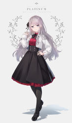 Rule 34 | 1girl, absurdres, black bow, black footwear, black pantyhose, black skirt, blue eyes, bow, breasts, closed mouth, collared shirt, dress shirt, full body, grey background, grey hair, hand on own hip, hand up, high-waist skirt, highres, jacket, kobuta, long hair, long sleeves, looking at viewer, open clothes, open jacket, original, pantyhose, pleated skirt, red shirt, shadow, shirt, shoes, skirt, small breasts, smile, solo, standing, standing on one leg, tiptoes, very long hair, white jacket