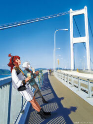 Rule 34 | 2girls, absurdres, ahoge, artist request, asticassia school uniform, bicycle, black footwear, blue sky, boots, bridge, closed eyes, copyright notice, cup, from side, gundam, gundam suisei no majo, hairband, highres, holding, holding cup, landscape, leaning, leaning on object, miorine rembran, multiple girls, official art, outdoors, pantyhose, photo background, red hair, school uniform, shadow, sky, suletta mercury, white hair