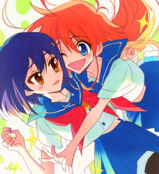 Rule 34 | 2girls, :d, ;d, akiyama enma, antenna hair, blue eyes, blue hair, blue sailor collar, blue skirt, blush, blush stickers, brown eyes, commentary request, flip flappers, hair between eyes, heads together, hug, kokomine cocona, long hair, looking at another, multiple girls, neckerchief, one eye closed, open mouth, outstretched arms, papika (flip flappers), pleated skirt, red hair, red neckerchief, sailor collar, school uniform, serafuku, shirt, short hair, short sleeves, skirt, smile, sparkle, white shirt