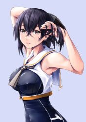 Rule 34 | 1girl, asymmetrical hair, black hair, black one-piece swimsuit, blue one-piece swimsuit, breast cutout, breasts, brown eyes, earrings, framed breasts, grey neckerchief, hair between eyes, highres, i-13 (kancolle), jewelry, junk life, kantai collection, medium breasts, neckerchief, one-piece swimsuit, sailor collar, school swimsuit, short hair, solo, stud earrings, swimsuit, swimsuit under clothes, upper body, white sailor collar