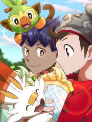 Rule 34 | 2boys, beanie, blurry, blurry background, brown eyes, brown hair, cable knit, closed mouth, cloud, commentary request, creatures (company), dark-skinned male, dark skin, day, fingernails, game freak, gen 8 pokemon, grey headwear, grookey, hat, highres, holding, hop (pokemon), jelicle yasuda, lens flare, looking to the side, multiple boys, nintendo, on head, orange eyes, outdoors, pokemon, pokemon (creature), pokemon on head, pokemon swsh, purple hair, red shirt, scorbunny, shirt, sky, smile, victor (pokemon)