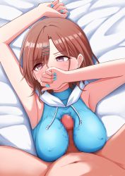 Rule 34 | 1boy, 1girl, arm up, armpits, bed sheet, blue hoodie, blue nails, blush, breasts, brown hair, censored, clothed female nude male, commentary request, covered erect nipples, covering own mouth, drawstring, earrings, eyes visible through hair, fingernails, hair ornament, hairclip, hand over own mouth, hand up, handsfree paizuri, hetero, highres, higuchi madoka, hood, hood down, hoodie, idolmaster, idolmaster shiny colors, jewelry, large breasts, looking away, lying, mole, mole under eye, mosaic censoring, nail polish, nude, on back, paizuri, paizuri over clothes, penis, pov, purple eyes, short hair, single earring, sleeveless, sleeveless hoodie, solo focus, straddling, straddling paizuri, upper body, warubo, x hair ornament