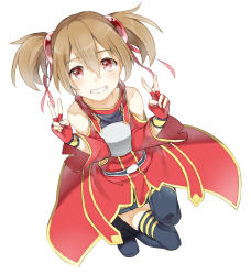 Rule 34 | 10s, 1girl, armor, bare shoulders, black thighhighs, breastplate, brown hair, double v, fingerless gloves, gloves, grin, maitti, red eyes, short hair, short twintails, silica, smile, solo, sword art online, thighhighs, twintails, v