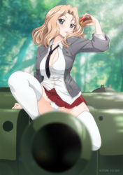 Rule 34 | 1girl, blonde hair, blue eyes, blurry, burger, collared shirt, depth of field, food, girls und panzer, hair intakes, jacket, kaname aomame, kay (girls und panzer), long hair, long sleeves, military, military vehicle, motor vehicle, open clothes, open jacket, saunders school uniform, school uniform, shirt, tank, thighhighs, uniform, white thighhighs
