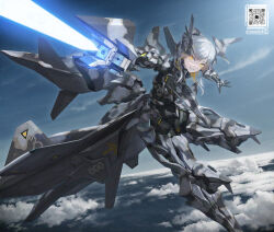 Rule 34 | 1girl, ace combat, adf-01 falken, blue sky, cloud, directed-energy weapon, energy, energy beam, energy cannon, energy weapon, firing, flying, glaze artifacts, gun, holding, holding gun, holding weapon, laser cannon, laser weapon, long hair, looking at viewer, mecha musume, multicolored hair, qr code, sidelocks, sky, smile, solo, tactical laser system, tom-neko (zamudo akiyuki), twitter username, two-tone hair, weapon, white hair, yellow eyes