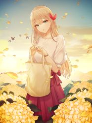 Rule 34 | 1girl, :o, absurdres, animal, aqua eyes, bag, bird, blonde hair, blue sky, bosumonki, bracelet, collarbone, commentary request, day, falling leaves, flock, flower, hair between eyes, hair ribbon, hands up, head tilt, highres, holding, holding bag, hydrangea, jewelry, leaf, long hair, long skirt, looking at viewer, original, outdoors, parted lips, puffy short sleeves, puffy sleeves, red ribbon, red skirt, ribbon, shirt, short sleeves, skirt, sky, solo, standing, white shirt, yellow flower, yellow theme