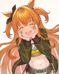 Rule 34 | 1girl, absurdres, amano hotaru (hotaama), animal ears, belt, blush, bomber jacket, bow, breasts, brown ribbon, closed eyes, collarbone, commentary, cowboy shot, crop top, dog tags, ear ribbon, green belt, green jacket, hair between eyes, hands on own cheeks, hands on own face, hands up, highres, horse ears, horse girl, jacket, long hair, long sleeves, mayano top gun (umamusume), midriff, navel, open clothes, open jacket, open mouth, orange hair, ribbon, shirt, short shorts, shorts, sidelocks, simple background, small breasts, smile, solo, standing, teeth, two side up, umamusume, upper teeth only, white background, white shorts, yellow shirt