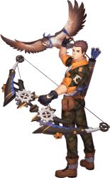 Rule 34 | 1boy, arrow (projectile), artist request, ass, bird, bow (weapon), brown hair, camouflage, camouflage jacket, camouflage pants, eagle, eddie (gyee), gyee, highres, holding, holding weapon, jacket, lying, male focus, official art, on back, pants, short hair, smile, solo, transparent background, weapon