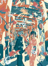 Rule 34 | 1boy, 1girl, black hair, black kimono, bubble, fish, from behind, goldfish, highres, ichigoame, japanese clothes, kimono, lantern, limited palette, obi, original, parted lips, pink kimono, print kimono, sash, shadow, short hair, surreal, torii