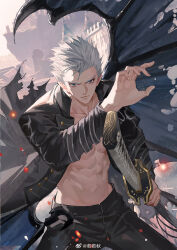 Rule 34 | 1boy, abs, blue eyes, closed mouth, coat, devil may cry (series), devil may cry 5, hair slicked back, highres, holding, holding sword, holding weapon, katana, looking at viewer, male focus, muscular, muscular male, open clothes, ruoruoqiuu, solo, sword, vergil (devil may cry), weapon, white hair, yamato (sword)