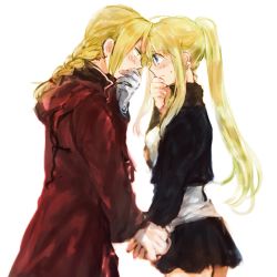 Rule 34 | 1boy, 1girl, black jacket, black shirt, black skirt, blonde hair, blouse, blue eyes, blush, braid, braided ponytail, coat, couple, cowboy shot, earrings, edward elric, eye contact, fingernails, flamel symbol, forehead-to-forehead, fullmetal alchemist, gloves, hand to own mouth, heads together, hetero, holding hands, jacket, jewelry, long hair, looking at another, nervous, ponytail, profile, red coat, shirt, skirt, sweatdrop, thighs, tsukuda0310, upper body, white gloves, white shirt, winry rockbell